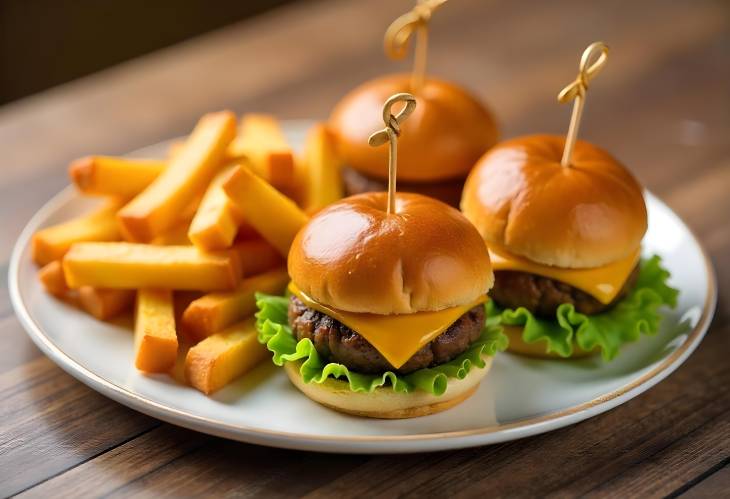 Tasty Mini Burgers and Fried Potatoes on a White Plate